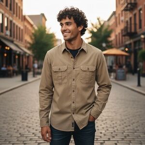 J Crew Broken in Chino Mens L shirt Khaki 100% Cotton VINTAGE GORPCORE preppy